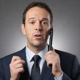 An image of a man speaking into a pen that is designed as a novelty walkie-talkie, depicted in a realistic style.