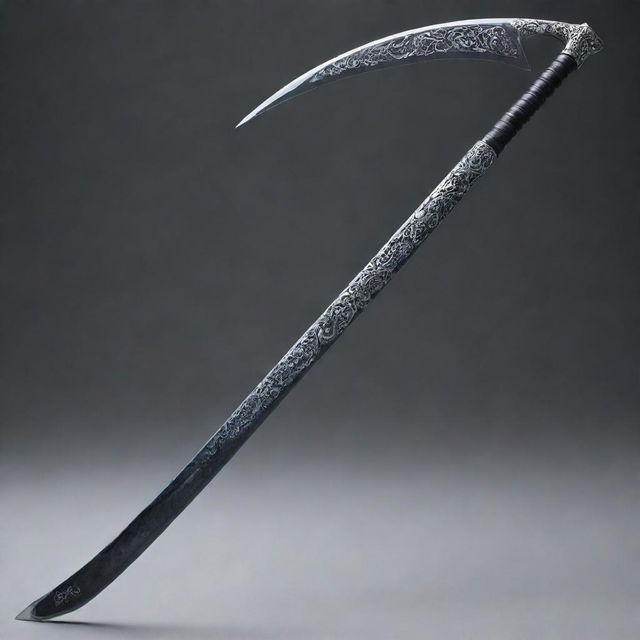 A cool scythe-style zanpakuto with sleek curves and intricate designs, shimmering under a diffused light.