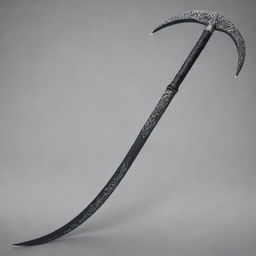 A cool scythe-style zanpakuto with sleek curves and intricate designs, shimmering under a diffused light.