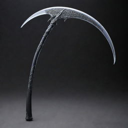 A cool scythe-style zanpakuto with sleek curves and intricate designs, shimmering under a diffused light.