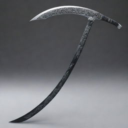 A cool scythe-style zanpakuto with sleek curves and intricate designs, shimmering under a diffused light.