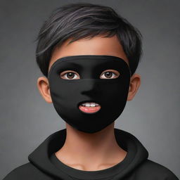 A cartoon boy wearing a black face mask, with his confident and daring eyes vividly visible