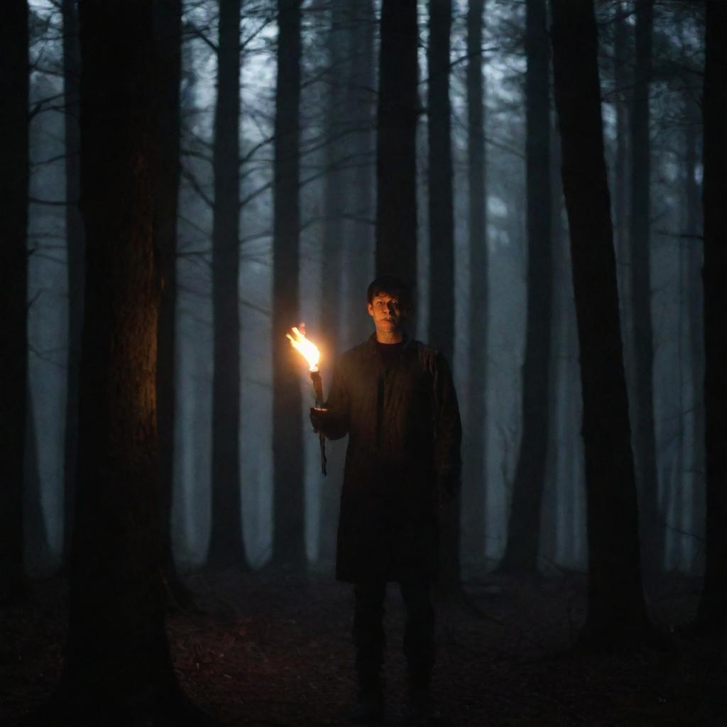 A single individual standing in a dark forest, hands holding a torch. Shadows dance around as the light of the torch flickers.