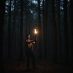 A single individual standing in a dark forest, hands holding a torch. Shadows dance around as the light of the torch flickers.