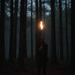 A single individual standing in a dark forest, hands holding a torch. Shadows dance around as the light of the torch flickers.