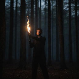 A single individual standing in a dark forest, hands holding a torch. Shadows dance around as the light of the torch flickers.