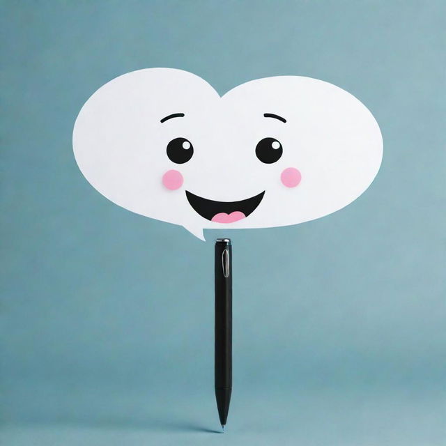 Generate an image of a whimsical, anthropomorphized pen with a face, as it appears to be talking, with elements such as speech bubbles for added effect.