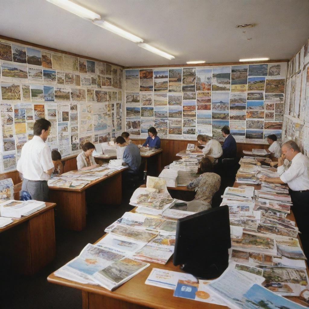 A bustling travel agency office filled with posters of exotic places, brochures on desks, employees at work, and customers looking through travel options.