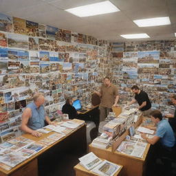 A bustling travel agency office filled with posters of exotic places, brochures on desks, employees at work, and customers looking through travel options.