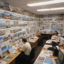 A bustling travel agency office filled with posters of exotic places, brochures on desks, employees at work, and customers looking through travel options.