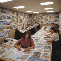 A bustling travel agency office filled with posters of exotic places, brochures on desks, employees at work, and customers looking through travel options.