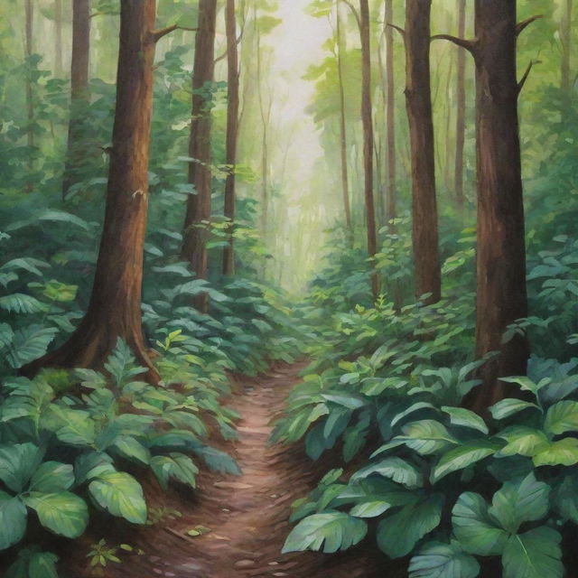 A lush forest painted with gouache