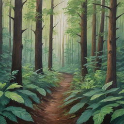 A lush forest painted with gouache