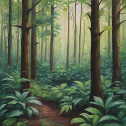 A lush forest painted with gouache