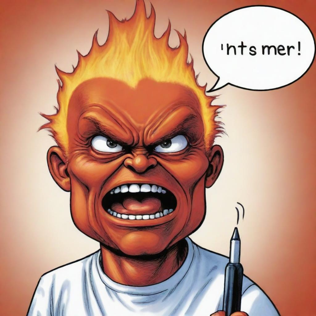 Revise the previous image to emphasize the anthropomorphized pen's anger, showing pronounced scowling features and fiery speech bubble.