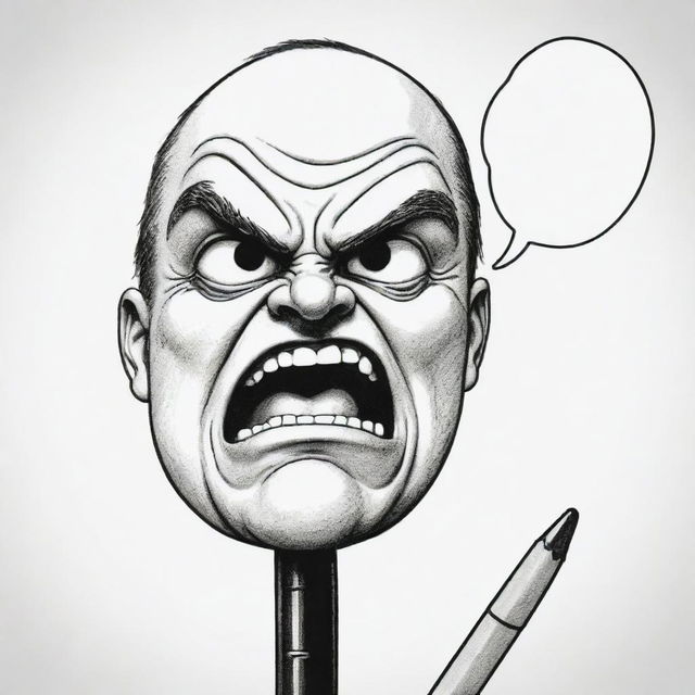 Revise the previous image to emphasize the anthropomorphized pen's anger, showing pronounced scowling features and fiery speech bubble.