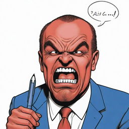 Revise the previous image to emphasize the anthropomorphized pen's anger, showing pronounced scowling features and fiery speech bubble.