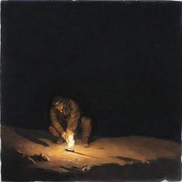 Create a gouache painting depicting a lone figure in the dark of night during war, holding a torch with all shadows retreating from them.