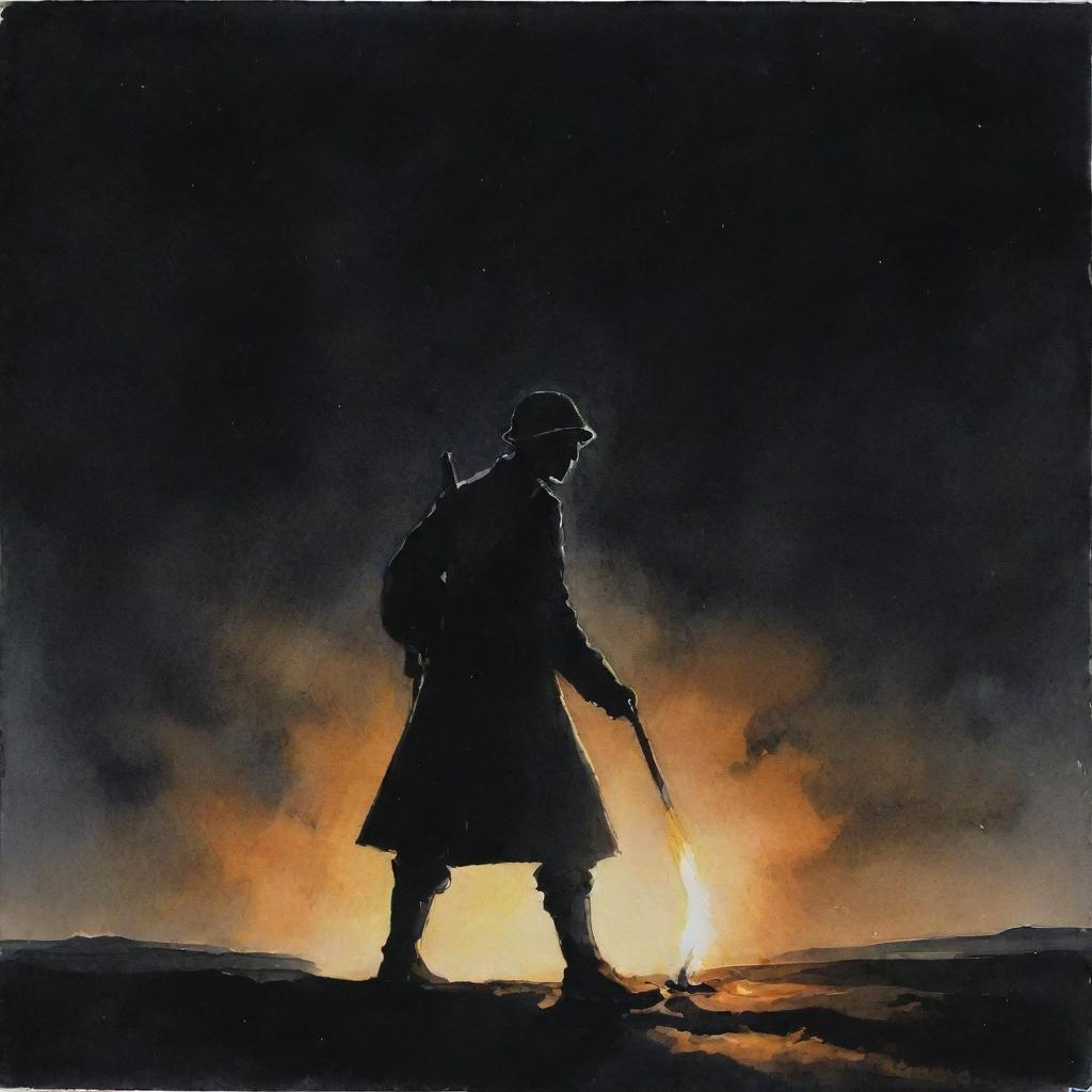 Create a gouache painting depicting a lone figure in the dark of night during war, holding a torch with all shadows retreating from them.