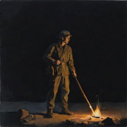 Create a gouache painting depicting a lone figure in the dark of night during war, holding a torch with all shadows retreating from them.