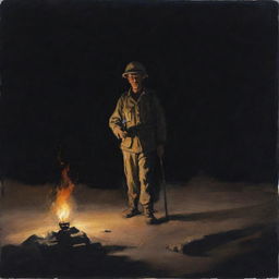 Create a gouache painting depicting a lone figure in the dark of night during war, holding a torch with all shadows retreating from them.