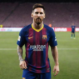 Lionel Messi donning the latest FC Barcelona football kit, posing dominantly on a football pitch with the Barcelona logo visible.