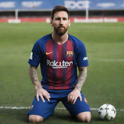 Lionel Messi donning the latest FC Barcelona football kit, posing dominantly on a football pitch with the Barcelona logo visible.