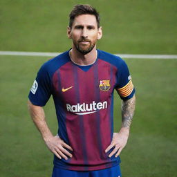 Lionel Messi donning the latest FC Barcelona football kit, posing dominantly on a football pitch with the Barcelona logo visible.