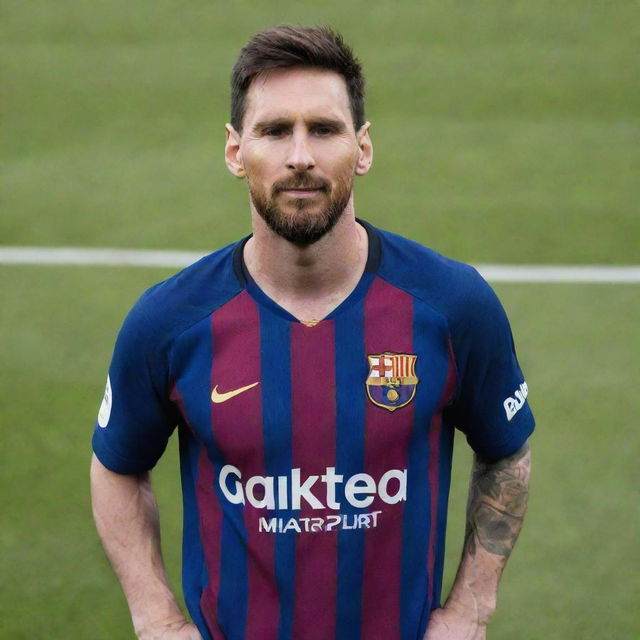 Lionel Messi donning the latest FC Barcelona football kit, posing dominantly on a football pitch with the Barcelona logo visible.