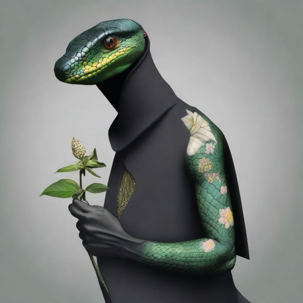 A digital art piece of a short, black-scaled lizard humanoid, similar to a cobra, with a scaled hood featuring small needle puncture holes and a large green flower tattoo