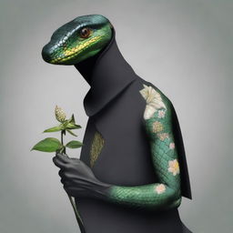 A digital art piece of a short, black-scaled lizard humanoid, similar to a cobra, with a scaled hood featuring small needle puncture holes and a large green flower tattoo