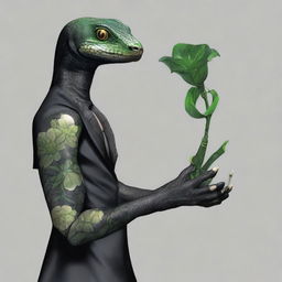 A digital art piece of a short, black-scaled lizard humanoid, similar to a cobra, with a scaled hood featuring small needle puncture holes and a large green flower tattoo