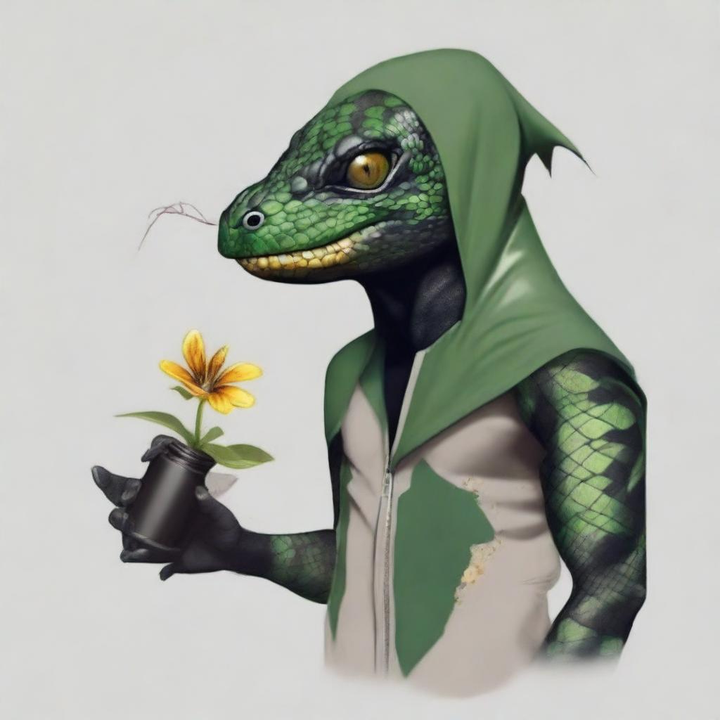 A digital art piece of a short, black-scaled lizard humanoid, similar to a cobra, with a scaled hood featuring small needle puncture holes and a large green flower tattoo