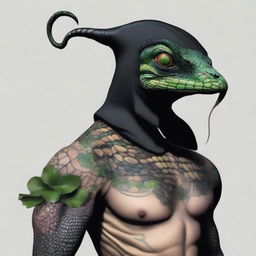 A digital art piece of a short, black-scaled lizard humanoid, similar to a cobra, with a scaled hood featuring small needle puncture holes and a large green flower tattoo