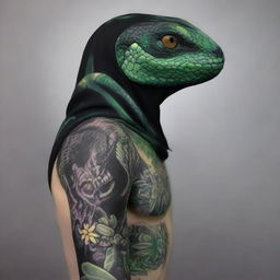 This is a high-quality digital art piece showcasing a black lizard humanoid, reminiscent of a cobra, with a scaled hood punctured with small needle holes