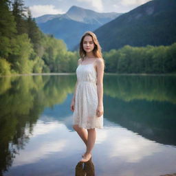 Generate an image of a beautiful girl standing serenely near a picturesque lake radiating with natural beauty, reflecting the serene sky above.