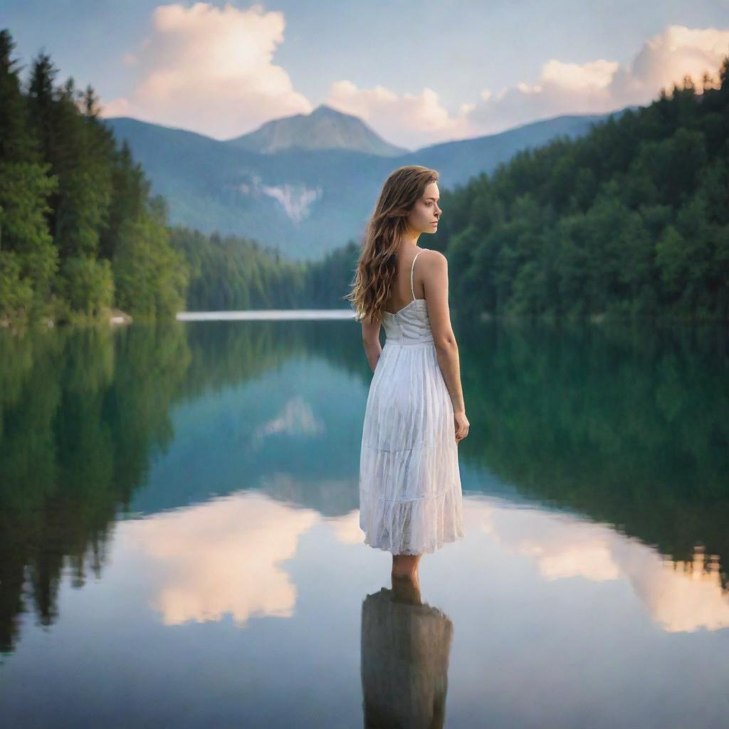 Generate an image of a beautiful girl standing serenely near a picturesque lake radiating with natural beauty, reflecting the serene sky above.