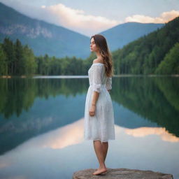 Generate an image of a beautiful girl standing serenely near a picturesque lake radiating with natural beauty, reflecting the serene sky above.