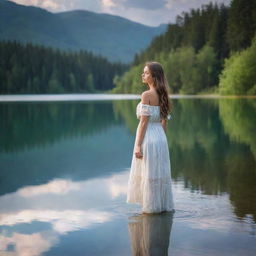 Generate an image of a beautiful girl standing serenely near a picturesque lake radiating with natural beauty, reflecting the serene sky above.