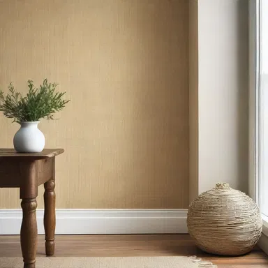 The modern farmhouse style incorporates natural elements like barley straw wallpaper for a rustic yet elegant look.