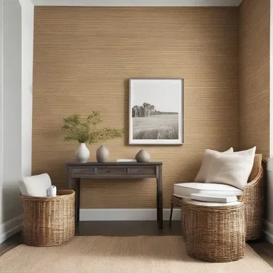 The modern farmhouse style incorporates natural elements like barley straw wallpaper for a rustic yet elegant look.