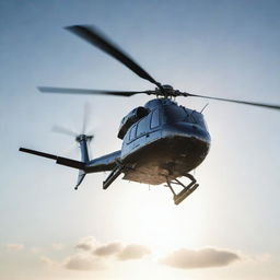 A detailed and realistic image of a helicopter in mid-air, reflecting sunlight off its metallic surface.