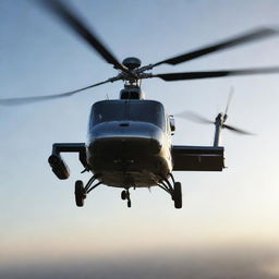 A detailed and realistic image of a helicopter in mid-air, reflecting sunlight off its metallic surface.