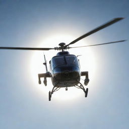 A detailed and realistic image of a helicopter in mid-air, reflecting sunlight off its metallic surface.