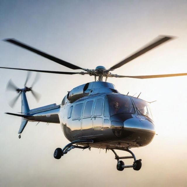 A detailed and realistic image of a helicopter in mid-air, reflecting sunlight off its metallic surface.