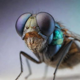 A highly detailed, magnified image of a common housefly, capturing its intricate body structure and iridescent wings.