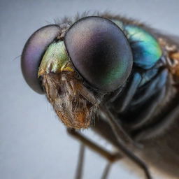 A highly detailed, magnified image of a common housefly, capturing its intricate body structure and iridescent wings.