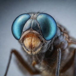 A highly detailed, magnified image of a common housefly, capturing its intricate body structure and iridescent wings.