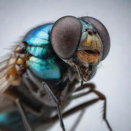 A highly detailed, magnified image of a common housefly, capturing its intricate body structure and iridescent wings.