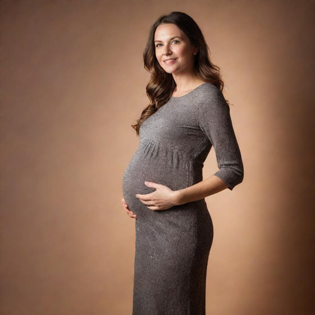 A glowing pregnant woman gracefully standing in a stylish flare dress with a warm backdrop.